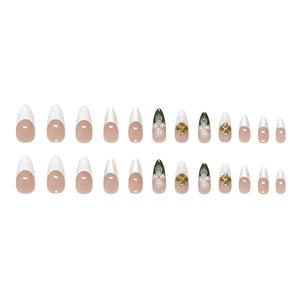 White and green French almond press-on nails with 3D floral patterns and gold beads