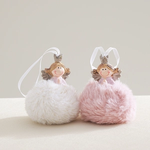 Pendentifs anges en peluche rose et blanc avec couronnes en résine et ailes étincelantes