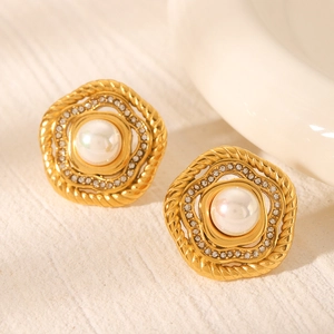 French retro 18k gold stainless steel flower earrings with pearls and crystals