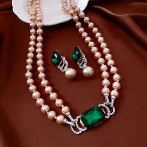 Vintage Faux Artificial Pearl Jewelry Set Double Layer Necklace And Drop Earrings With Green Gemstone Silver Earring Post For Women