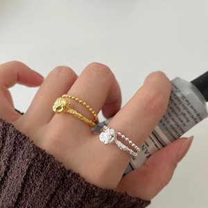 Irregular Lava Texture Ring 925 Sterling Silver Beaded Chain Double Layer Minimalist Elegant Jewelry