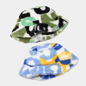 Thickened faux rabbit fur bucket hats with abstract camouflage and colorful prints
