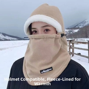 Winter thermal fleece balaclava hood with white faux fur trim and adjustable drawstring