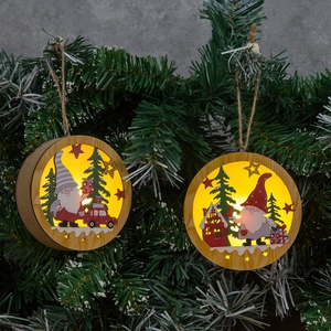 Wooden Christmas ornament with LED light featuring Santa and car hanging on Xmas tree