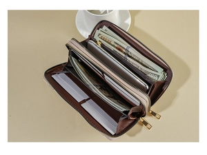 Detail view of the long double zipper wallet with multiple card slots and phone pocket