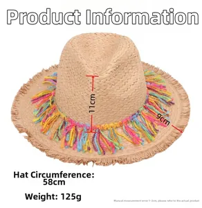 Detailed dimensions of a straw sun hat featuring colorful tassels and 9cm wide brim