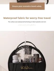 Waterproof detail showing water splashing on the PVC cosmetic bag with SunXuan logo