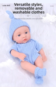 Detail of reborn baby doll in blue knit outfit with removable high quality fabric