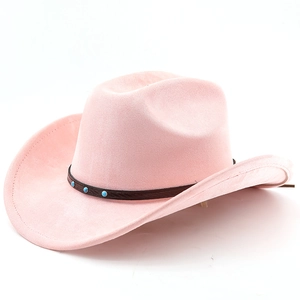 Detail of pink suede cowboy hat featuring brown leather band with turquoise studs