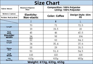 Detailed size chart for coffee slim fit blazer and trousers set with measurements