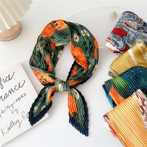Elegant Pleated Square Scarf Artistic Floral Print Neck Scarf Fashion Accessory For Women Versatile Hair Tie