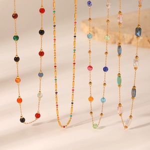 Colorful natural stone beads on gold stainless steel chain necklace for women