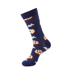 Close-up of navy blue cotton crew socks featuring pizza patterns and knit texture