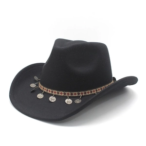 Western Cowboy Hat Wide Brim Fedora Ethnic Ribbon Metal Coin Pendants Bohemian Style Sun Protection Travel Party