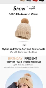 Detail of khaki plaid winter knit beanie with soft pompom and warm ear protection