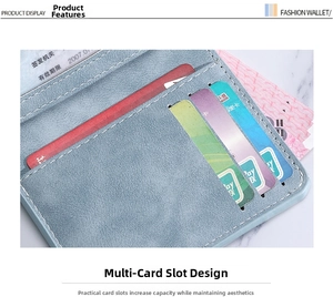 Detailed interior view of light blue wallet showing multiple card slots and capacity