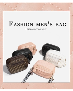 Detailed group view of colorful quilted crossbody camera bags with printed textile straps