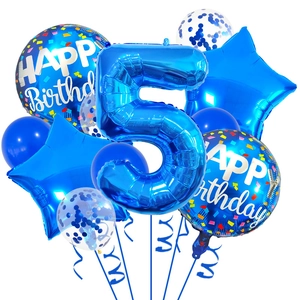 Detailed cluster of blue number 5 foil balloon and Happy Birthday star decorations