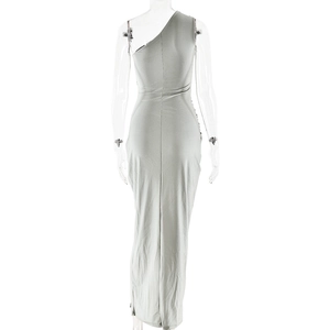 Detail of light grey one-shoulder maxi dress in slim fit and stretchy fabric
