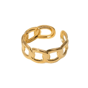 Minimalist golden titanium steel open ring featuring a chain-link design on white background