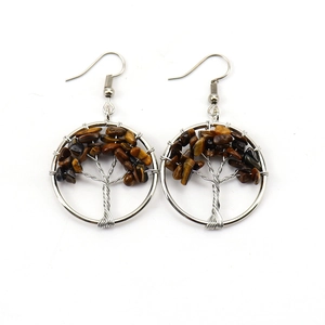 Close-up of handmade tree of life earrings with silver wire and brown tiger eye stones