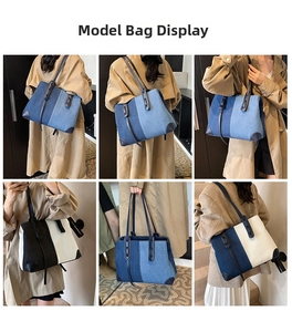 Detailed views of high-capacity denim tote bag with leather straps and reinforced corners