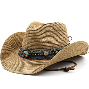 Western Cowboy Straw Hat With Ethnic Band Turquoise Decor Wide Brim Summer Beach Sun Protection Windproof Rope