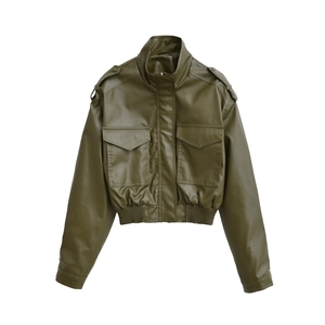 Short olive green faux leather bomber jacket with stand collar and flap pockets