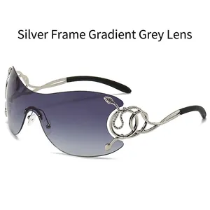 Luxury rimless sunglasses with silver snake temple design and gradient grey lenses