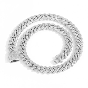 Detailed view of silver Cuban chain with double row zircon pavé and box clasp detail