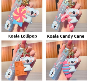 Vues détaillées de divers porte-clés Koala mignons en PVC avec dragonnes bleues
