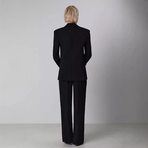 Elegant two-piece black suit set featuring slim-fit blazer and high-waist wide-leg pants