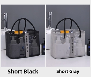 Black and gray mesh shower storage bags with dual handles for bathroom organization