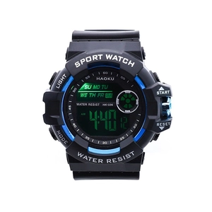 Montre sport numérique pour étudiants avec bracelet noir, lunette bleue et alarme LED