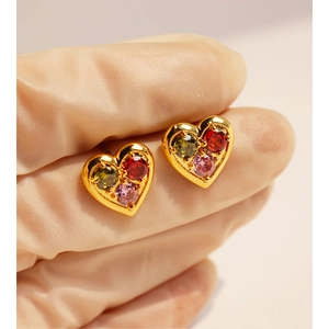 Sweet heart stud earrings with colorful zircon stones in gold plated setting
