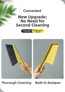 Detail view of bright yellow handheld desk broom and dustpan set with grey bristles