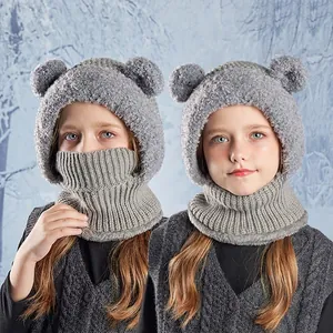 Kids winter thermal knit hat and neck gaiter set with cute bear ears in grey