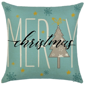 Teal linen Christmas pillow cover with Merry Christmas text and festive tree pattern