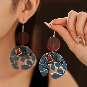 Vintage enamel flower drop earrings with blue leaves and red floral center