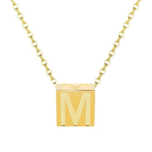 Polished 14K gold plated stainless steel cube pendant necklace with letter M engraving