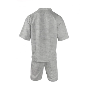 Detailed back view of men's gray summer set featuring waffle knit texture on fabric