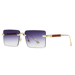 Modern rectangular rimless sunglasses with purple gradient lenses and gold wood temples