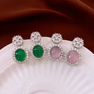 Vintage oval chalcedony drop earrings with zircon flower studs in emerald and pink colors