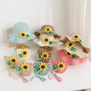 Matching children's straw sun hat and crossbody bag set with sunflower decor and lace