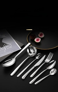 Polished 304 stainless steel cutlery set detail with mirror finish on black background