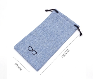 Linen drawstring sunglasses pouch in light blue with size specs 180mm x 95mm