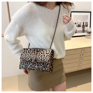 Detail of leopard print crossbody bag with gold chain strap and metal lock closure