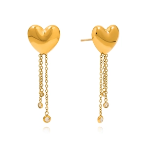 Elegant 18K gold-plated stainless steel heart earrings with dangling white zircon tassels