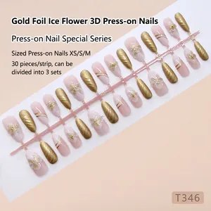 Press-on nails with 3D ice flower carving, gold foil accents and pink gradient design