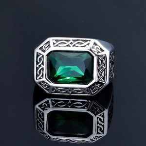 Men Vintage Viking Signet Ring Stainless Steel With Rectangular Green Gemstone Celtic Knot Engraved Gothic Punk Jewelry